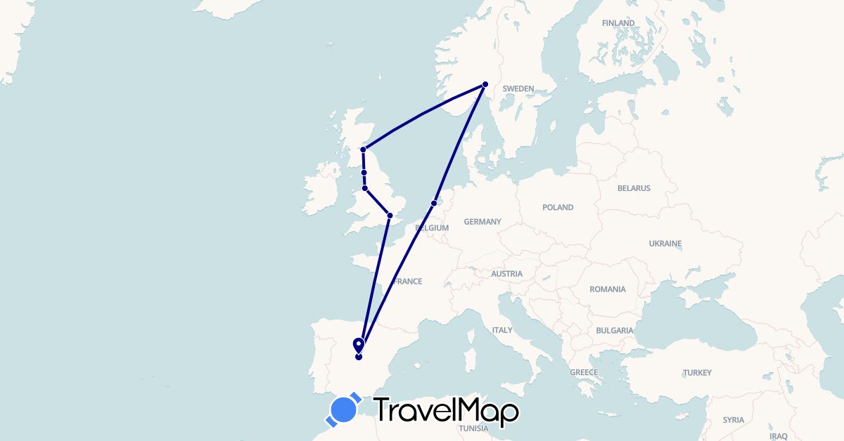 TravelMap itinerary: driving in Spain, United Kingdom, Netherlands, Norway (Europe)
